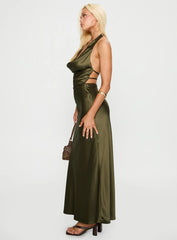 Iridescent Plunge Maxi Dress Olive Green