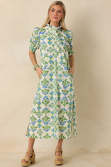 Fresh Fields Ivory Multi Cotton Floral Print Ruffle Neck Maxi Dress
