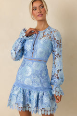 Keep It Authentic Light Blue Floral Embroidered Mini Dress