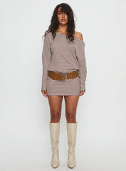 Caia Off Shoulder Long Sleeve Jersey Mini Dress Chocolate Stripe
