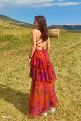 Floral Print Tie-up Back Chiffon Tiered Dress
