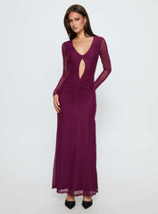 Darkside Long Sleeve Cut Out Plunge Maxi Dress Plum