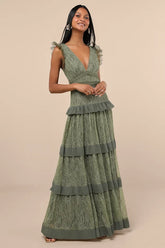 Marvelous Darling Olive Lace Ruffled Tiered Maxi Dress