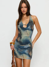 Kelila Halter Plunge Mini Dress Blue Multi