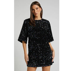 Velvet Sequin Elegant V neck Backless Short Sleeve Dress