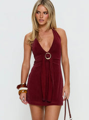 Amiro Halter Plunge Mini Dress Burgundy Shimmer