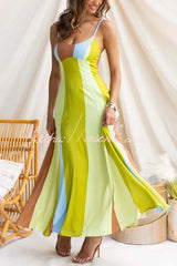 Linen Blend Color-blocked Print Suspender Sleeveless Casual Pocket Maxi Dress