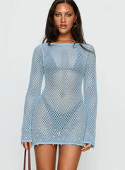 Rain Music Long Sleeve Beaded Knit Mini Dress Blue