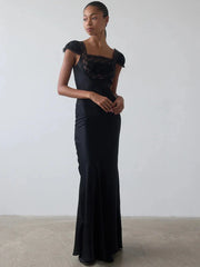 Lace Trim Short Sleeve Satin Maxi Dress