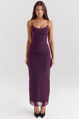 Nalini-Grape Mesh Corset Maxi Dress
