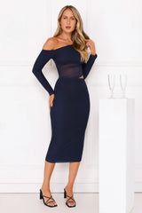 More To Want Long Sleeve Mesh Midi Dress Navy