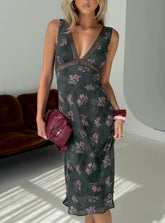 Kenadi Lace Bias Midi Dress Black Floral