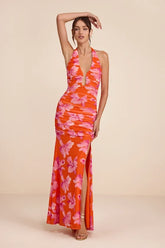 Fiametta Orange and Pink Floral Ruched Maxi Dress