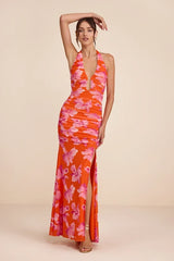 Fiametta Orange and Pink Floral Ruched Maxi Dress