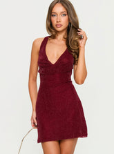 Hypnotise Ruched Halter Mini Dress Burgundy Shimmer