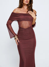 Velouria Off Shoulder Long Sleeve Maxi Dress Brown