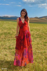 Floral Print Tie-up Back Chiffon Tiered Dress