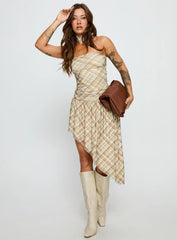 Cambria Strapless Scarf Midi Dress Yellow Check