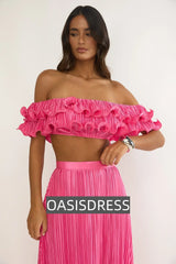 Amaria Off-Shoulder Lettuce Edge Crop Top Hot Pink