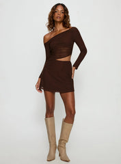 Fade To Black Off Shoulder Long Sleeve Mini Dress Chocolate