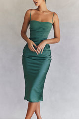 Teia-Forest Draped Corset Midi Dress