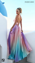 SUNSET PINK - Multi Colour pink Formal Dress, Satin High Neck Plunge & Backless