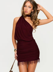 Loraina Scarf Beaded Mini Dress Burgundy