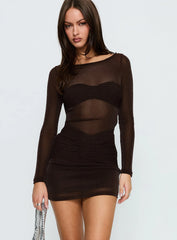 Joceline Long Sleeve Sheer Mini Dress Brown Shimmer