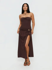 Alexe Strapless Ruched Maxi Dress Chocolate