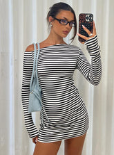 Journi Off Shoulder Long Sleeve Mini Dress Black / White Stripe