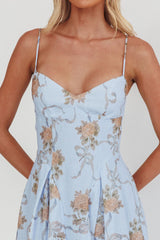Get My Attention Pleat Waist Maxi Dress Bow Blue