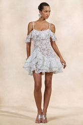 Lyris | White Lace Scoop-Neck Mini Dress With Ruffled Detailing