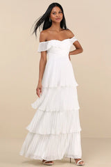 Always Remarkable White Pleated Off-the-Shoulder Maxi Dress