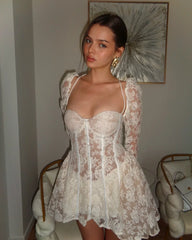 White Lace Flare Sleeve Corset Frill Mini Dress