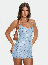 Mareni V Neck Sequin Mini Dress Blue Polka Dot