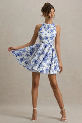 Waverly | Blue Floral Racer-Neck Sleeveless Skater Mini Dress