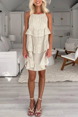 Halter Neck Tiered Cotton Linen Mini Dress