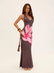 Raleina Halter Cowl Neck Maxi Dress Brown Floral