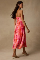 Aysel Coral Pink Abstract Strapless Bustier Midi Dress
