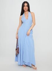 Ivie Halter Plunge Maxi Dress Blue Stripe