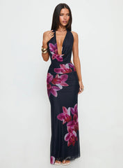 Tigress Halter Maxi Dress Navy Floral