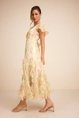 Deluca Light Green Floral Ruffled Midi Dress