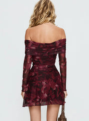 Marrissa Off Shoulder Long Sleeve Mini Dress Burgundy Floral