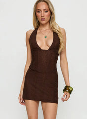 Kalila Halter Lace Mini Dress Chocolate
