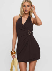 Koa Halter Ruched Mini Dress Brown