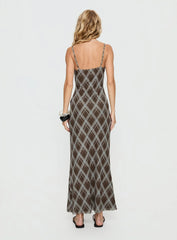 Idaline V Neck Maxi Dress Brown Check