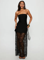 Aleda Sheer Lace Detail Strapless Maxi Dress Black
