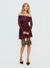 Marrissa Off Shoulder Long Sleeve Mini Dress Burgundy Floral