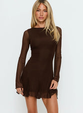 Evita Long Sleeve Pleat Mini Dress Chocolate