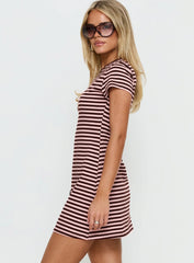 Settle Down Short Sleeve Mini Dress Pink / Brown Stripe